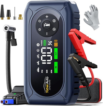 YaberAuto 5000A Car Battery Jump Starter with Air Compressor & Gloves, Car Jumper Starter Portable with 150PSI Tire Inflator, 12V Jump Box (9L Gas/8L Diesel) Jumper Cables, 18W Fast Charge 800LM Light