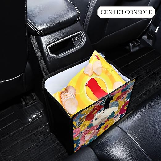 Car Trash Can Organizer Bin with Adjustable Strap for Back Front Seat Console Waterproof Leakproof Collapsible Portable 8.66 Inch Garden Flowers Hedgehogs Colorful