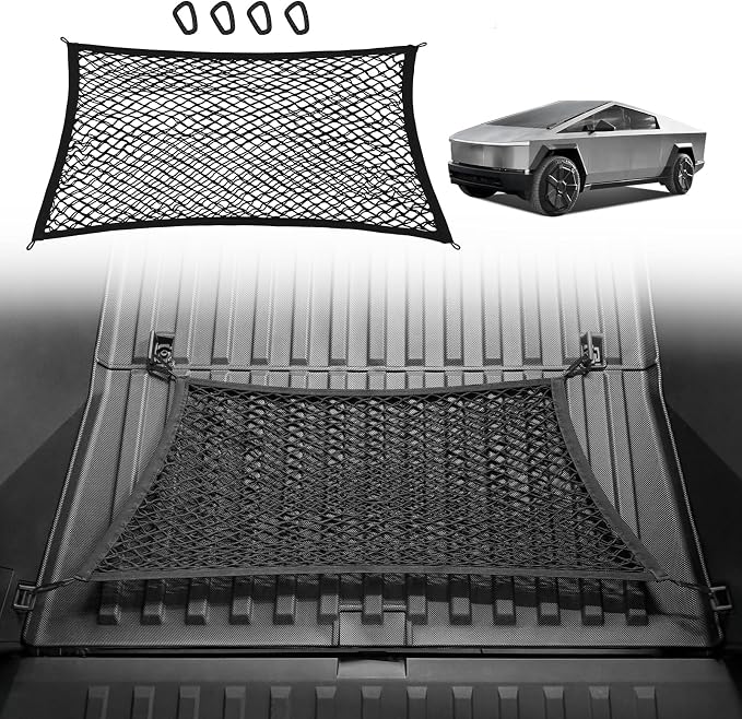 BestEvMod Cargo Mesh Net for Pickup Truck Bed Compatible with Tesla Cybertruck 2026 2025 2024 Accessories Mesh Extra Strong Hook Stretchable Trunk Organizer Cargo Net (Rear, Reinforced POM Hooks)