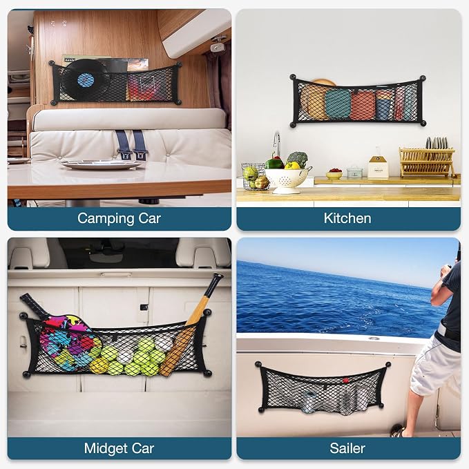 TOBWOLF 2PCS 25x75cm/9.8x29.5in Cargo Storage Net, Universal Elastic Stretchable Pocket Storage Mesh Net, Organizer RV Netting Storage Pouch with 8PCS Screws & 8PCS Buttonholes for Car Truck SUV Boats
