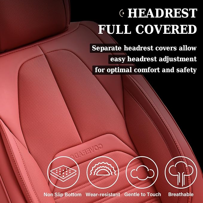 Coverado Seat Covers, Car Seat Covers Front Seats, Automotive Seat Covers, Waterproof Nappa Leather Car Seat Cover, Car Seat Cushion,Red Seat Covers Carseat Cover Universal Fit for Most Cars