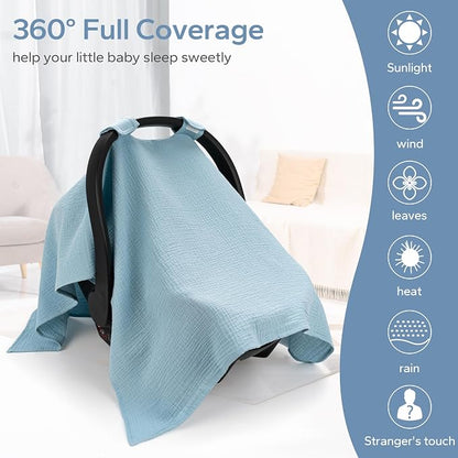 SERAPHY 100% Muslin Cotton Car Seat Cover Baby, Universal Carseat Covers, Breathable Baby Car Seat Canopy for Boys Girls, Soft Infant Car Seat Cover for Summer —Blue