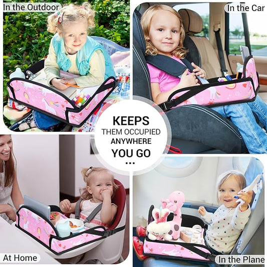 COOLBEBE Kids Travel Tray for Toddler Car Seat, Portable Car Seat Lap Tray with 2 Cup Holders, Pink Unicorn Design for Airplane, Road Trip Activities