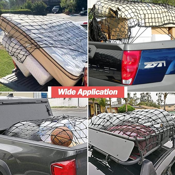 Natural Latex Core Super Duty Cargo Net for Pickup Truck Bed 4'x6' Stretches to 8'x12' | 12 Carabiners + 12 Hooks | Small Tight 4”x4” Mesh Bungee Net for Ford, Dodge, Chevy, Toyota, GMC
