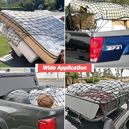 Natural Latex Core Super Duty Cargo Net for Pickup Truck Bed 4'x6' Stretches to 8'x12' | 12 Carabiners + 12 Hooks | Small Tight 4”x4” Mesh Bungee Net for Ford, Dodge, Chevy, Toyota, GMC