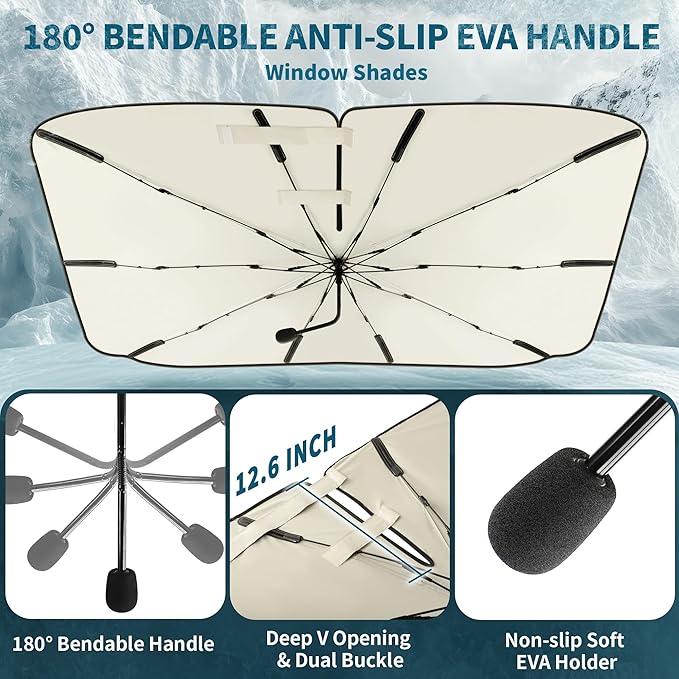 Car Windshield Sun Shade Umbrella, 57"*33", Foldable Sun Shade for Car Windshield Umbrella, UPF 50+ and Heat Protection, Nano Cold Titanium Ice Silk Fabric. Universal Portable