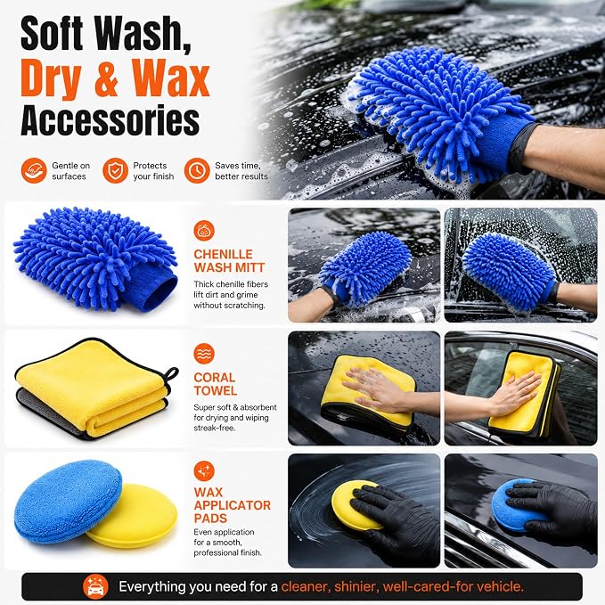 18-Piece Car Detailing Kit – Complete Car Interior Detailing Kit and Exterior Cleaning Set with Detail Brushes, Wire Brushes, Waxing Mop, and Microfiber Accessories for Vehicles