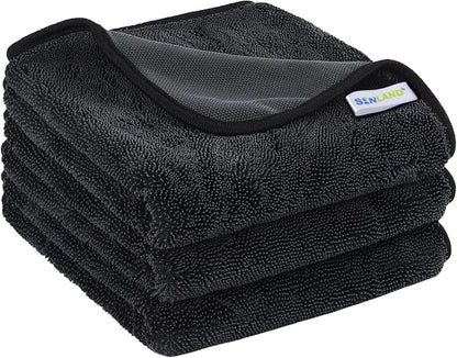 SINLAND 3-Pack Microfiber Shiny Wipes Shower Cleaning Cloths - Ultra Absorbent Drying Towel for Cars and Trucks, 600gsm, Streak-Free, Without Scratches or Water Spots 16" x 24" Dgrey