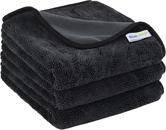 SINLAND 3-Pack Microfiber Shiny Wipes Shower Cleaning Cloths - Ultra Absorbent Drying Towel for Cars and Trucks, 600gsm, Streak-Free, Without Scratches or Water Spots 16" x 24" Dgrey