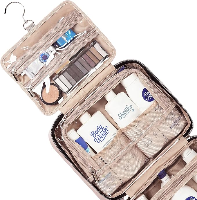 NISHEL Travel Toiletry Bag for women, Portable Hanging Organizer for Full-Sized Shampoo, Conditioner, Brushes Set, Makeup Accessories, Large Size, Pink