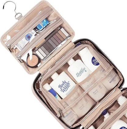 NISHEL Travel Toiletry Bag for women, Portable Hanging Organizer for Full-Sized Shampoo, Conditioner, Brushes Set, Makeup Accessories, Large Size, Pink
