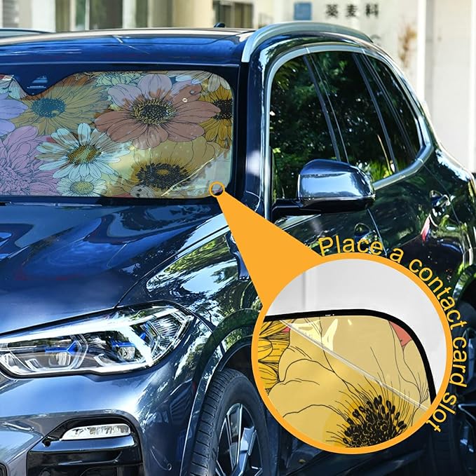 Colorful Flowers Sunflower Car Windshield Sun Shade Chamomile Dahlia Lily Anemone Foldable UV Ray Sun Visor Protector Sunshade to Keep Your Vehicle Cool (55" x 27.6")