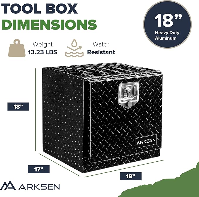 ARKSEN 18 x 17 x 18 Inch Underbody Tool Box, Heavy Duty Aluminum Diamond Plate Waterproof Square Storage Organizer Chest with T-Handle Lock & Keys for Pickup Truck, RV & Trailer – Black