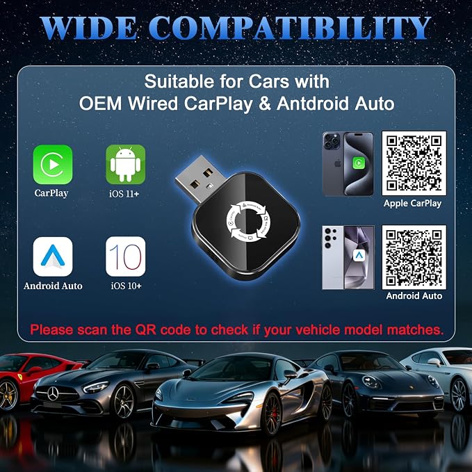 4-in-1 Wireless CarPlay Adapter for Apple CarPlay & Android Auto & AirPlay & MirrorLink, 2026 Upgraded Screen Mirroring Mini USB Adapter with Type-C Extension, Low Latency, Plug & Play