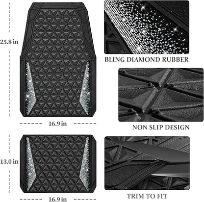 CAR PASS Bling Diamond Car Mats Rubber Floor Mats Full Set Anti-Slip 3D Rhombus Waterproof Trim to Fit Liner Universal Glitter Crystal Sparkly Shining Rhinestone Girl Women SUV Sedan Van, Black Silver