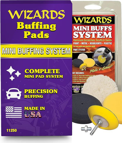 Wizards Mini Buffing System - Cuts, Polishes, Applies Wax and Removes Swirls - for All Paints and Hard Surfaces - Comes with 1/4 Shank Drill Adaptor - Auto Detailing Supplies for Beginners