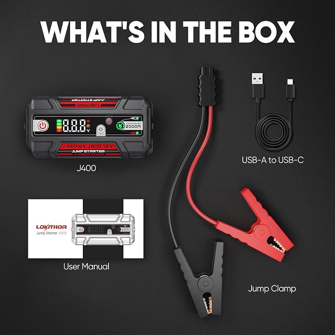 LOKITHOR J400 Portable Jump Starter, 12V 2000A Lithium Battery Booster with ConnectMax Tech, Car Jumper Box for Up to 8.0L Gas & 6.0L Diesel Engines, Smart Digital Display