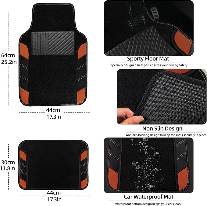 NBTEPEM 10 Pcs Car Floor Mats Full Set & Sport Leather Steering Wheel Cover 14.5-15 inch, Center Console Cover, Seat Belt Cushion, Cup Holder Coaster, Universal Automobile Interior Sets (Brown)