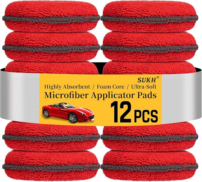 Sukh 12 Pack Microfiber Foam Car Wax Applicator Pad - Foam Applicator Pads Detailing Round 4.72 inch Polishing Sponges for Car Wax Applicator Pad Red.