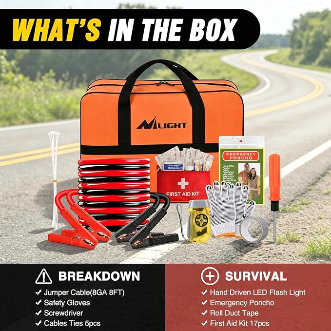 Nilight Car Emergency Kit with Jumper Cable, First Aid Kit Safety Assistance Tools for Travel Camping Outdoor Cars Truck SUV RV, Roadside Essentials with Flash Light