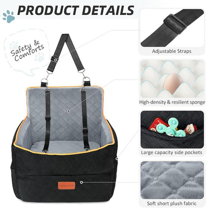 HEGGCOOE Small Dog Car Seat, Memory Foam Dog Booster Seats with Thick Cushion for Medium Dogs Under 35lbs, Detachable Washable Pet Car Seat Bed with Storage Pockets,2 Safety Belts