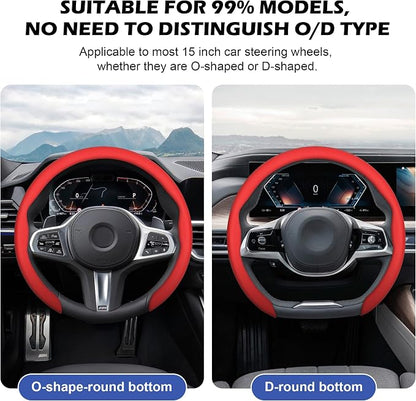 Frani Nappa Leather Steering Wheel Cover,Universal Fit 15 Inch-Premium Non-Slip Breathable Comfort Grip for Cars Trucks SUVs,Anti-Slip Durable Interior Upgrade Red