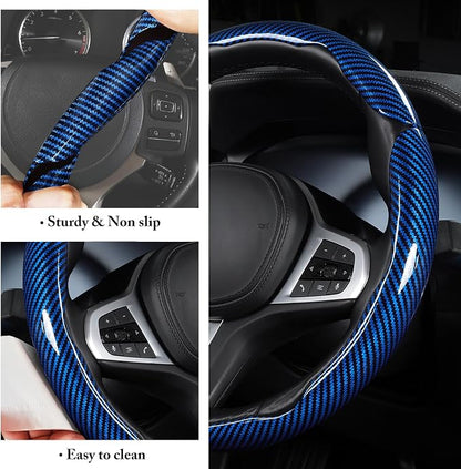 Carbon Fiber Steering Wheel Cover, Snap on Car Steering Wheel Cover Set Accessories 3pcs Wrap Grip Non Slip Protector Universal Glossy Blue