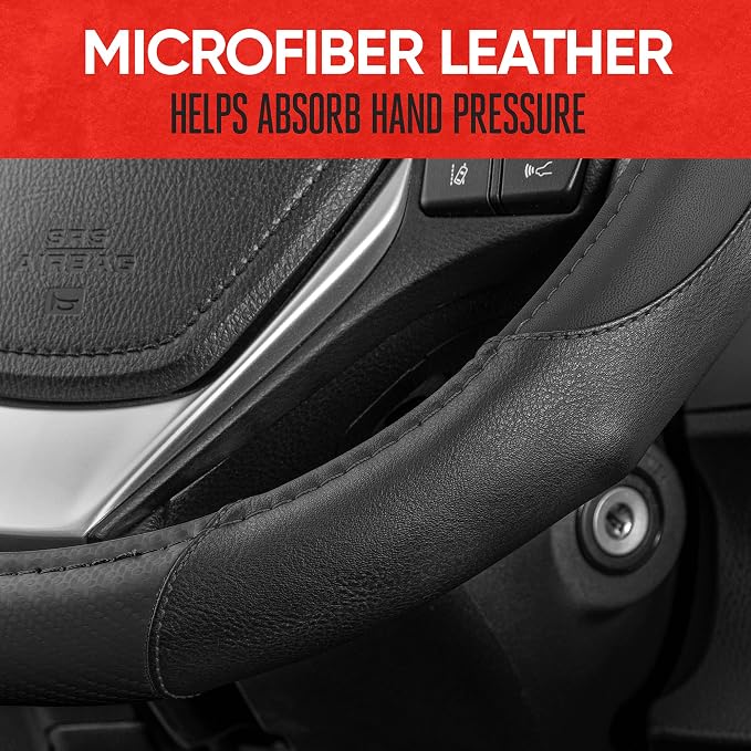Motor Trend GripDrive Carbon Fiber Steering Wheel Cover, Non-Slip Sporty Racing Faux Leather Ergonomic Comfortable Handle, Steering Wheel Cover for Cars Trucks Vans SUV - Fits Standard 15 Inch - Black