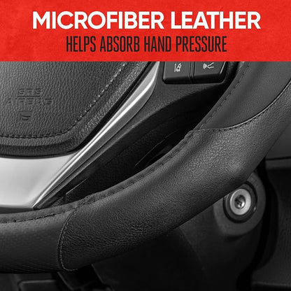 Motor Trend GripDrive Carbon Fiber Steering Wheel Cover, Non-Slip Sporty Racing Faux Leather Ergonomic Comfortable Handle, Steering Wheel Cover for Cars Trucks Vans SUV - Fits Standard 15 Inch - Black
