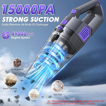 Gxzsk Handheld Vacuum Cordless, 15000PA Strong Suction Hand Held Car Vacuum Cleaner Rechargeable, Portable Hand Vacuum with Multi-Nozzles & Washable Filter for Home Office, Car, Pets