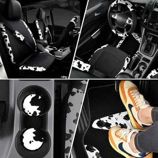CAR-PASS Cow Print Car Accessories Sets Faux Leather Car Seat Covers & Cow Car Mats & Cow Steering Wheel Cover Seat Belt Pads Universal fit for SUV,Van,Saden,Truck Cute Automobile Interior Sets Women