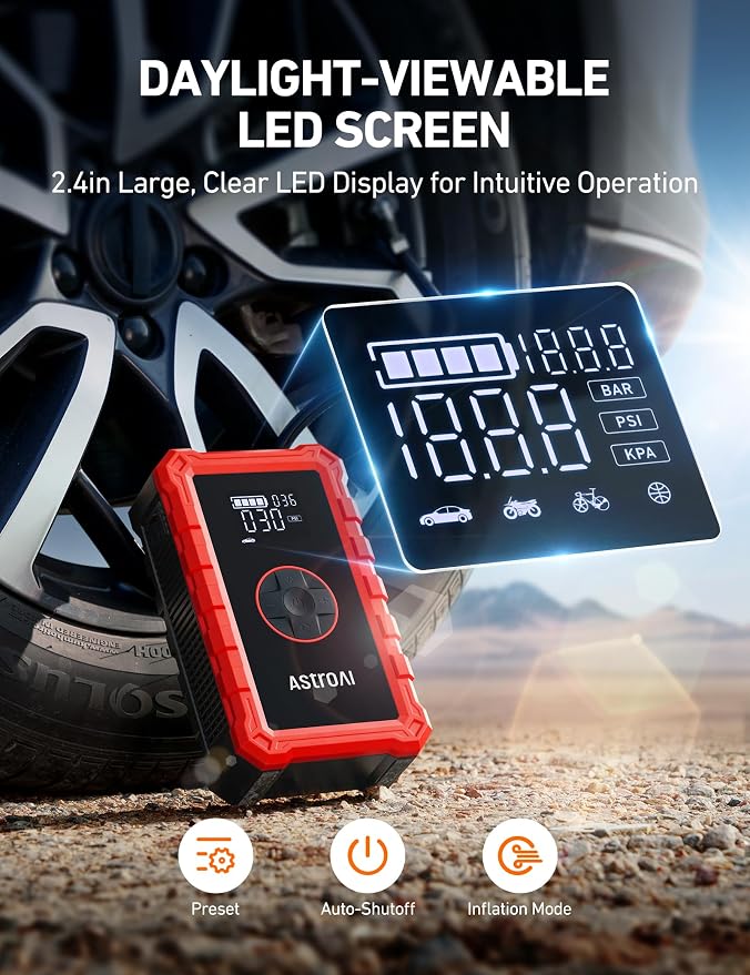 AstroAI S8 Air Jump Starter with Air Compressor,3000A Peak Car Battery Jump Starter Portable (9.0 Gas/6.5L Diesel) with 150PSI Cordless Auto-Shutoff Tire Inflator, 12V Battery Charger Booster(Red)