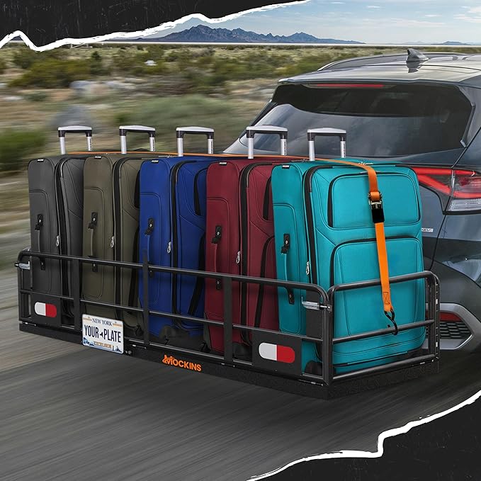 Mockins 60"x24"x14" High Rail Trailer Hitch Cargo Carrier w/Plate Bracket | All-Weather 500 Lbs. Cap Folding Luggage Rack for SUV Car & Truck | Cargo Racks for Trailer Hitch Storage w/ Accessories