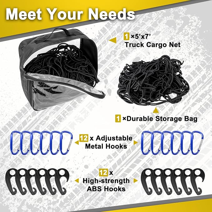 5’x7’ Truck Cargo Net Expands to 9' x 12' with 4"x4" Mesh Grid Super Duty Bungee Heavy Duty Bed Netting for Truck Bed Stretches with 12 Adjustable Metal Carabiners by Cenipar