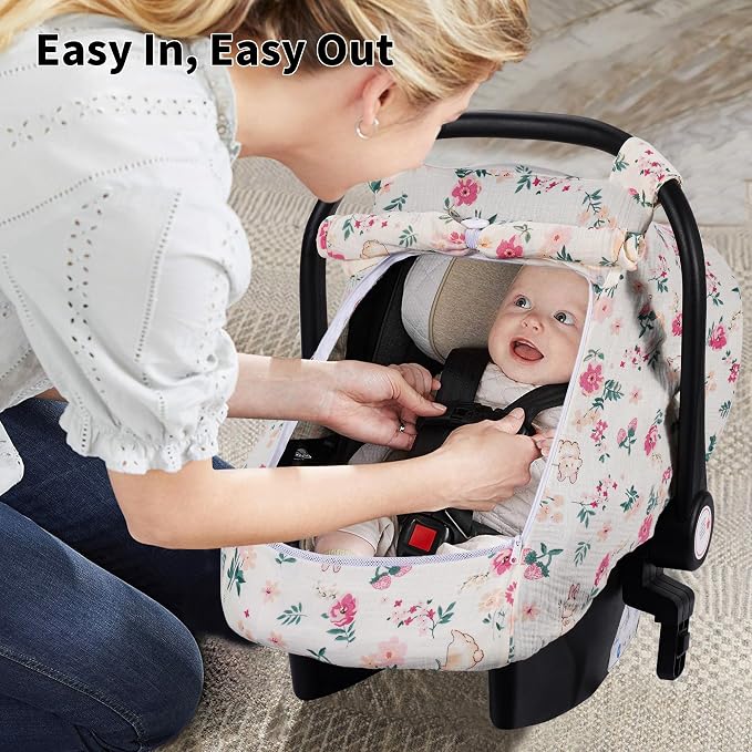 Rquite Car Seat Cover Baby, Carseat Covers Girl Boy, Breathable Muslin Cotton, Large Mesh Window, Infant Car Seat Canopy Baby Carrier Cover Stroller Sun Shade for Summer & Hot Day