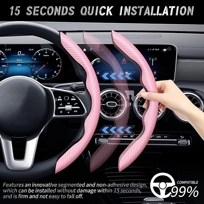 WOCOCN 2pcs Car Steering Wheel Cover,Anti-Skid Carbon Fiber Steering Wheel Protector for Men Women,Multiple Color Options,Universal for Most Car Interiors Accessories (Pink)