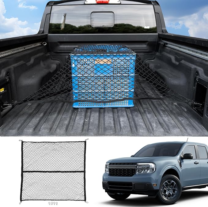 Cargo Net Compatible with 2022-2026 Ford Maverick 2021-2026 F150 Truck Storage Net Dense Mesh Single Layer Stretchable Adjustable Elastic with 8 Hooks for 2025 Exterior Accessories (4'×4')