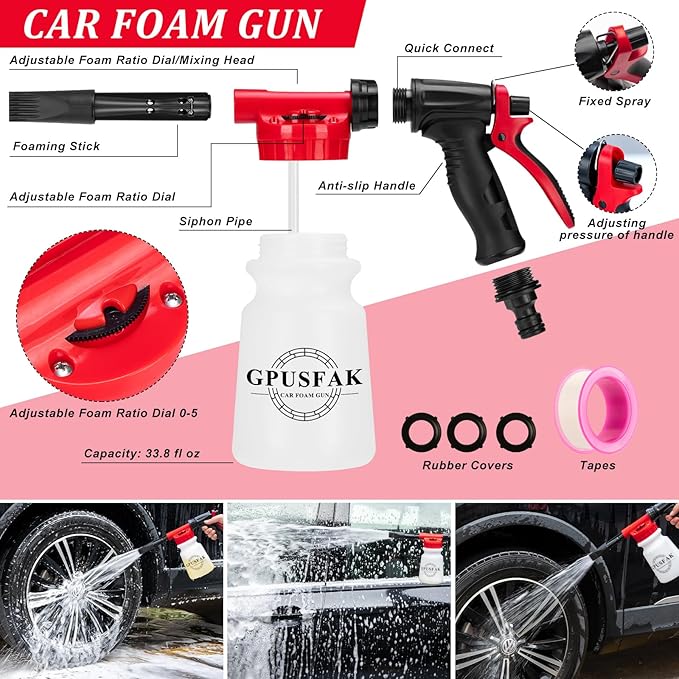 40Pcs Car Wash Cleaning Kit with Foam Gun Sprayer Detailing Brushes Wash Mop Windshield Cleaning Tool Tire Brush Towels Complete Interior Exterior Detailing Set for Car