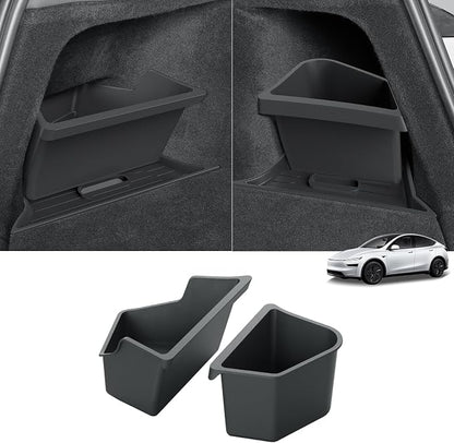 LUCKEASY 2PCS Trunk Corner Up Storage Box for Tesla Model Y Juniper Standard/Premium/Performance 2025 2026 Need Lid Under Box Trunk Storage Bins for Model Y Juniper Accessories TPE Black