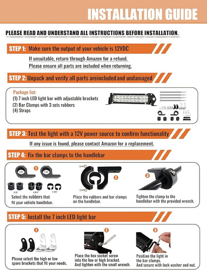 7 Inch Dirtbike Light Bar Kit, 60W 6000lm Motorcycle Pit Bike Off Road Riding LED Headlight with Handlebar Clamps and Rubbers, Fits for 7/8" Handlebars CRF XR TTR KLX MTB