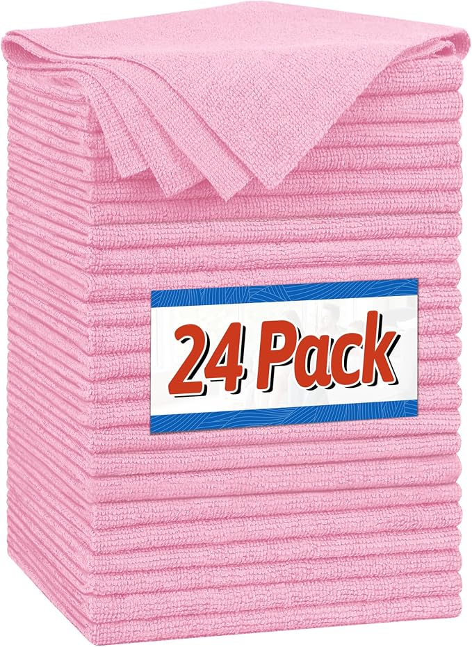 FIXSMITH Microfiber Cleaning Cloth, Shop Towels Bulk, 24 Pack Pink Microfiber Towels for Cars, All-Purpose Absorbent Cleaning Rags, Dust Cloth for Automotive, Mechanic, Garage, Bar, 12 x 11 inch