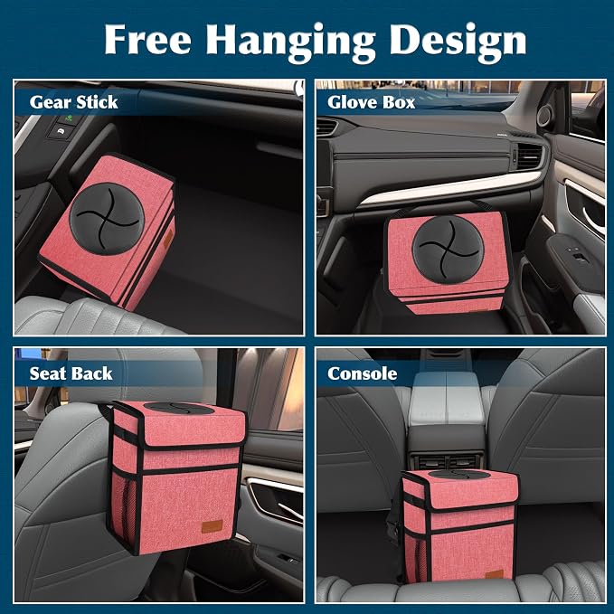 Femuar Car Trash Can with Lid - Leak Proof, Waterproof, Multipurpose Car Hanging for Headrest, Collapsible, Portable with Storage Mesh Pocket, Pink