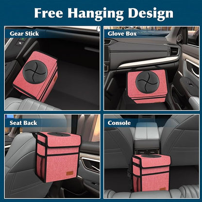 Femuar Car Trash Can with Lid - Leak Proof, Waterproof, Multipurpose Car Hanging for Headrest, Collapsible, Portable with Storage Mesh Pocket, Pink
