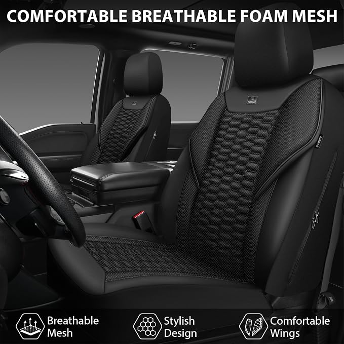 CAR PASS 3D Foam Mesh Leather Car Seat Covers Full Set,Breathable Mesh Faux Leather Seat Covers for Car,Universal Fit for SUV Truck Sedan Automotive, Armrest Airbag Compatible,Black