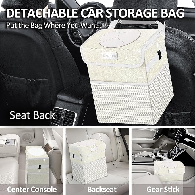 Cute Mini Car Trash Bag with Lid, Glitter Garbage Can Bin Hanging for Back/Front Seat/Console, Waterproof, Leakproof, 2.5 Gallon, Beige Cream Bling Sparkly
