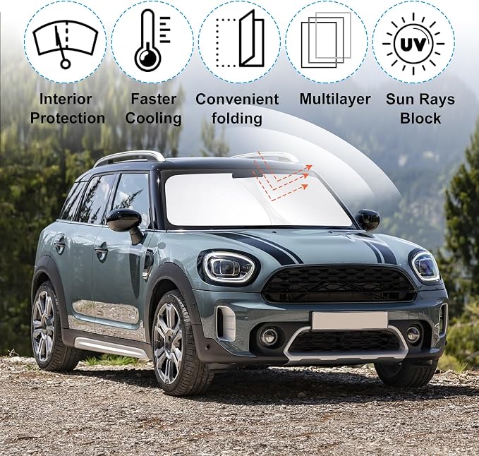 TINGLU Sun Shade for Mini Countryman Cooper F66 SUV 2017-2025 2026 Accessories Windshield Sun Shade Window Shade UV Rays Protection Sun Visor Cover with Steering Wheel Sunshade Storage Bag