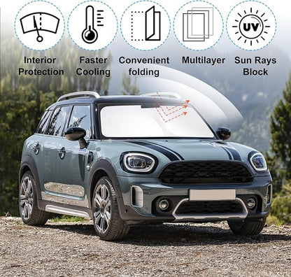 TINGLU Sun Shade for Mini Countryman Cooper F66 SUV 2017-2025 2026 Accessories Windshield Sun Shade Window Shade UV Rays Protection Sun Visor Cover with Steering Wheel Sunshade Storage Bag