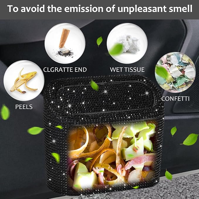 Accmor Bling Car Trash Can with Lid, Mini Vehicle Garbage Organizer Storage Bin Dustbin, Sparkling Crystal Rhinestone Holder Container with 30pcs Garbage Bags Car Accessories
