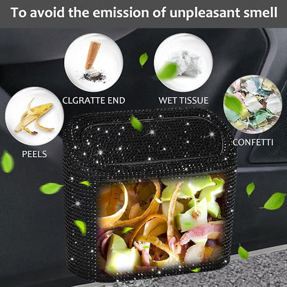 Accmor Bling Car Trash Can with Lid, Mini Vehicle Garbage Organizer Storage Bin Dustbin, Sparkling Crystal Rhinestone Holder Container with 30pcs Garbage Bags Car Accessories