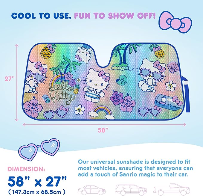 Hello Kitty Car Windshield Sun Shade - Officially Licensed Sanrio Cute Car Accessories for Women - Hello Kitty Accessories Sunshade for Front Windshield - Summer Sunshield Cars Window Shades